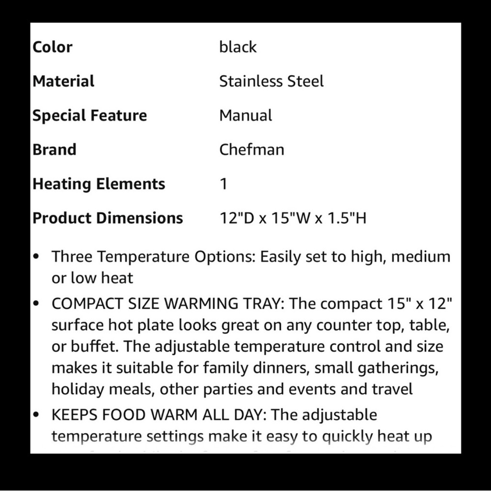 Black Electric Warming Tray 12 x 15 New - Picture 4 of 5